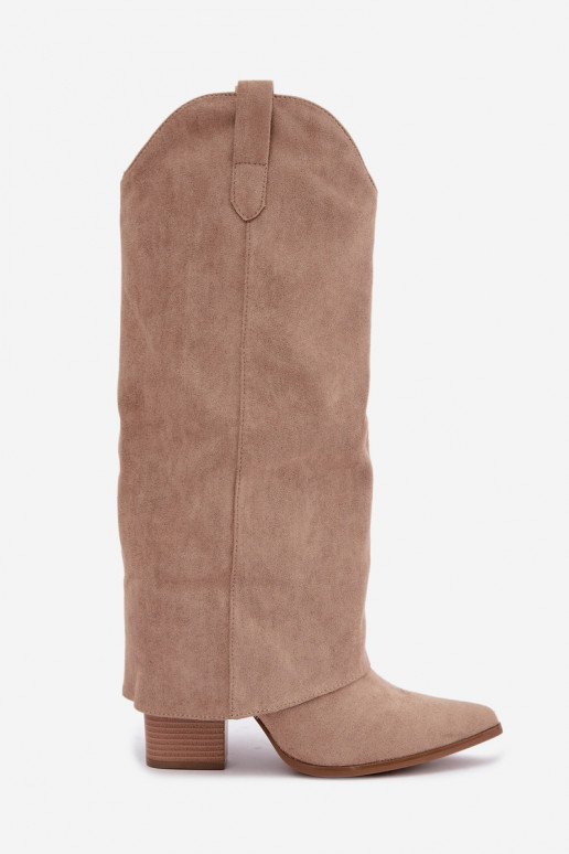 Botas femininas de estilo cowboy acima do joelho com salto na cor areia Kalena