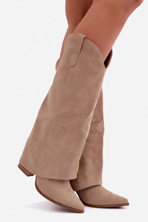 Botas femininas de estilo cowboy acima do joelho com salto na cor areia Kalena