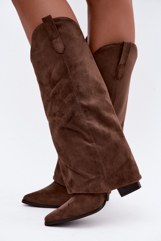Botas femininas de estilo cowboy acima do joelho com salto na cor marrom Kalena
