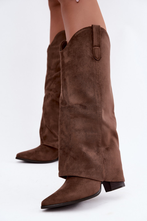 Botas femininas de estilo cowboy acima do joelho com salto na cor marrom Kalena