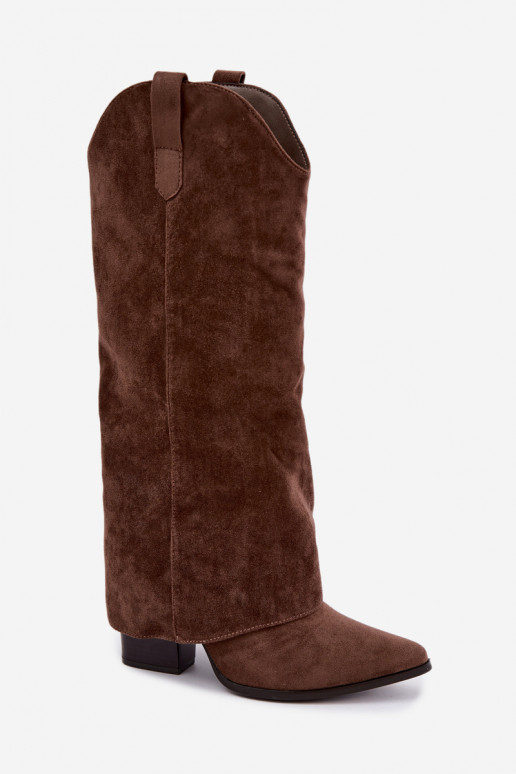 Botas femininas de estilo cowboy acima do joelho com salto na cor marrom Kalena