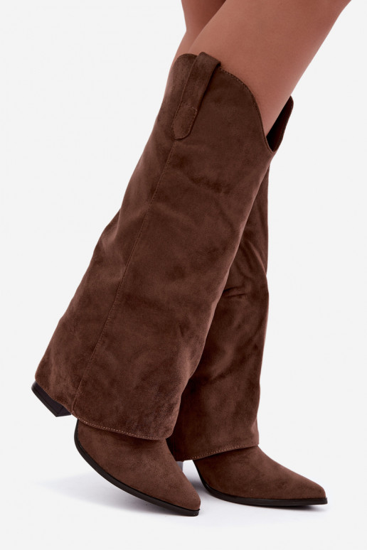 Botas femininas de estilo cowboy acima do joelho com salto na cor marrom Kalena