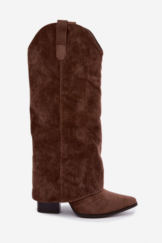 Botas femininas de estilo cowboy acima do joelho com salto na cor marrom Kalena