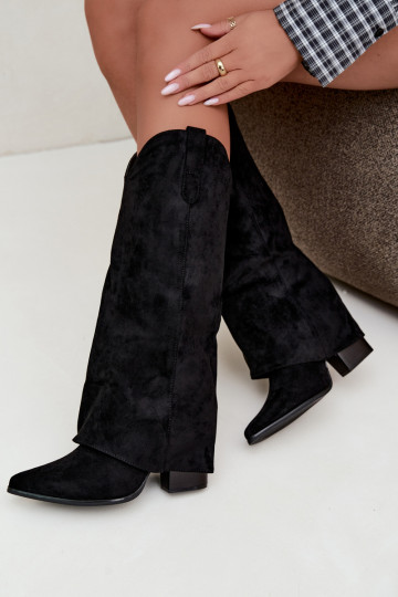 Botas femininas de estilo cowboy acima do joelho com salto na cor preta Kalena