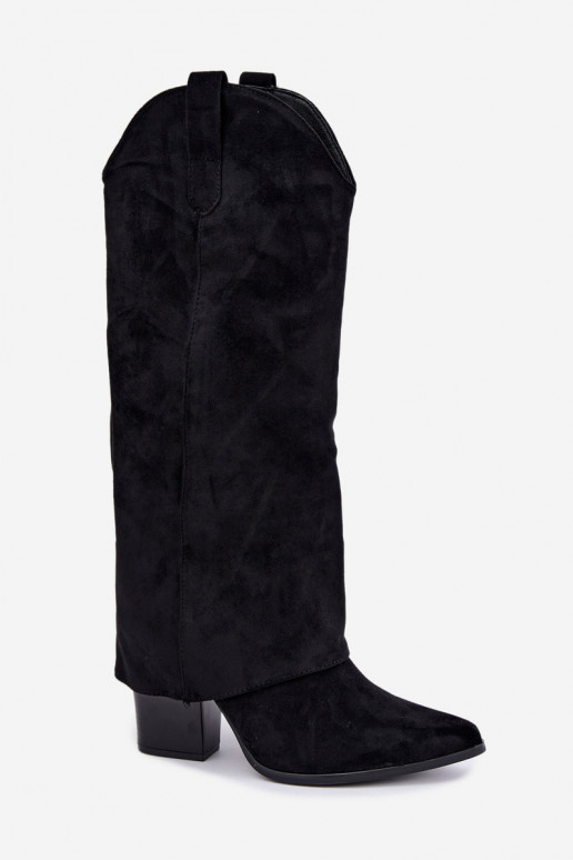 Botas femininas de estilo cowboy acima do joelho com salto na cor preta Kalena