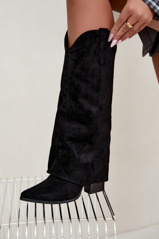 Botas femininas de estilo cowboy acima do joelho com salto na cor preta Kalena