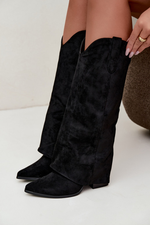 Botas femininas de estilo cowboy acima do joelho com salto na cor preta Kalena