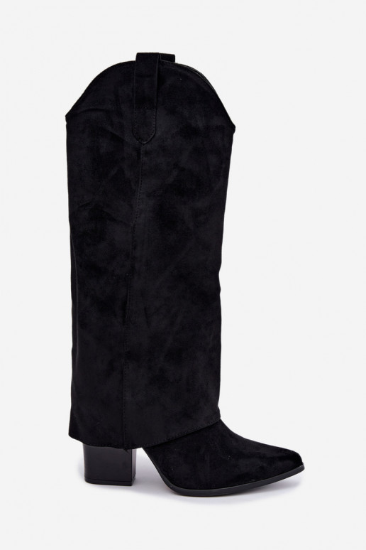 Botas femininas de estilo cowboy acima do joelho com salto na cor preta Kalena