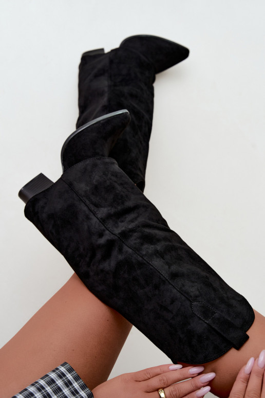 Botas femininas de estilo cowboy acima do joelho com salto na cor preta Kalena