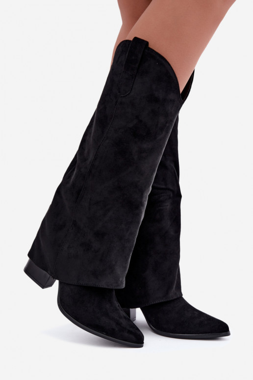 Botas femininas de estilo cowboy acima do joelho com salto na cor preta Kalena