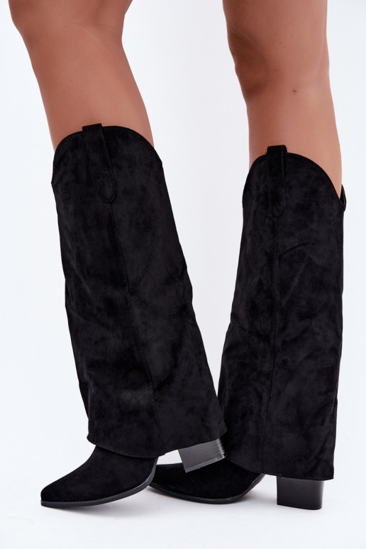 Botas femininas de estilo cowboy acima do joelho com salto na cor preta Kalena