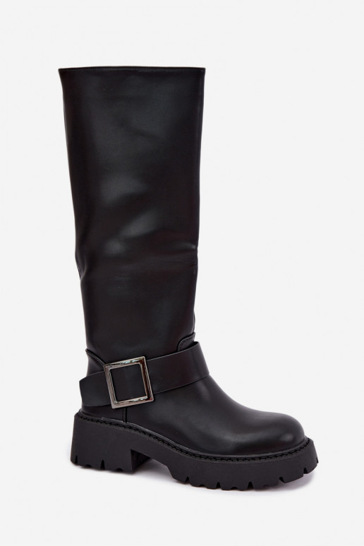Botas femininas isoladas acima do joelho com fivelas na cor preta Glena
