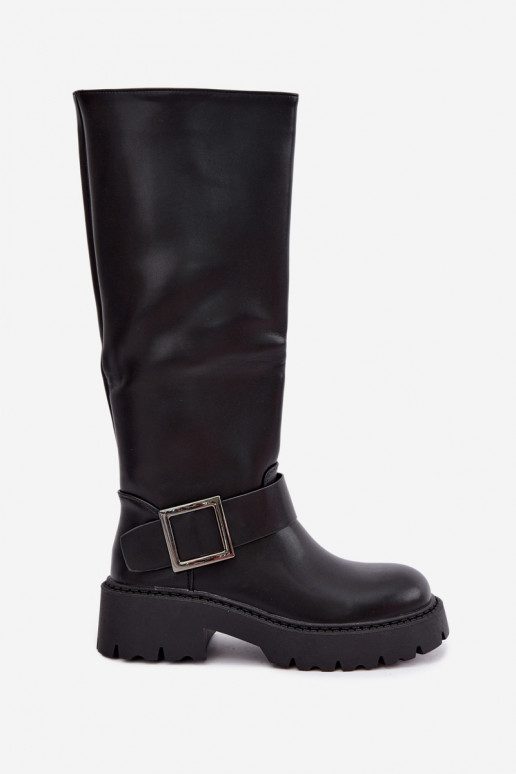 Botas femininas isoladas acima do joelho com fivelas na cor preta Glena