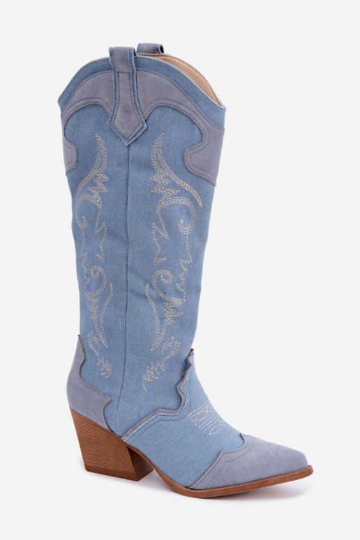 Botas femininas de estilo cowboy acima do joelho com salto em denim Talora