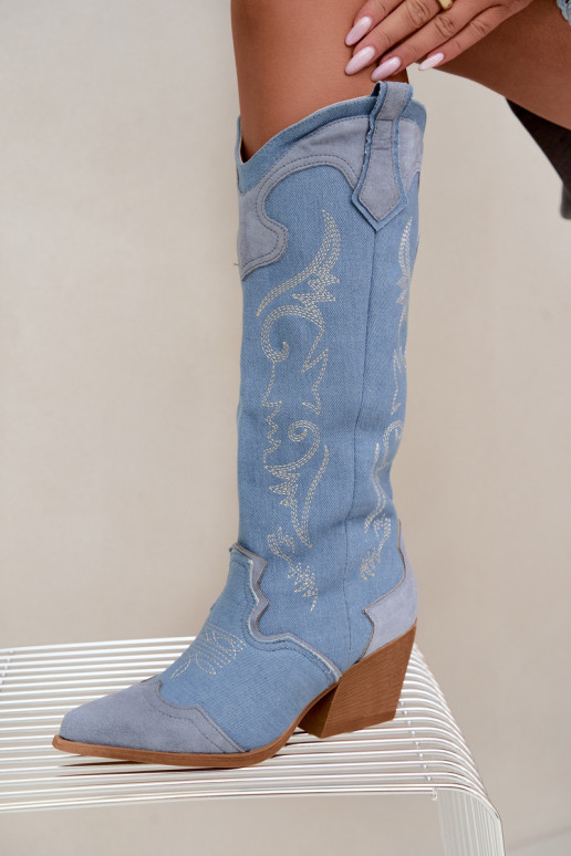 Botas femininas de estilo cowboy acima do joelho com salto em denim Talora