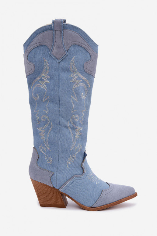 Botas femininas de estilo cowboy acima do joelho com salto em denim Talora