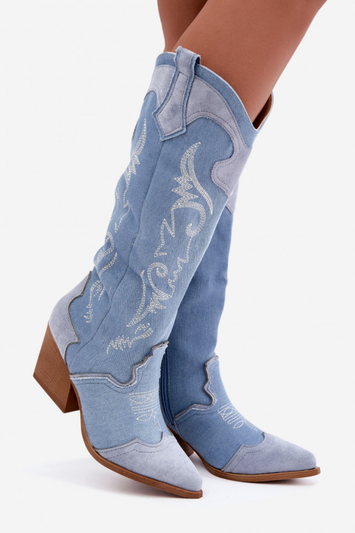 Botas femininas de estilo cowboy acima do joelho com salto em denim Talora