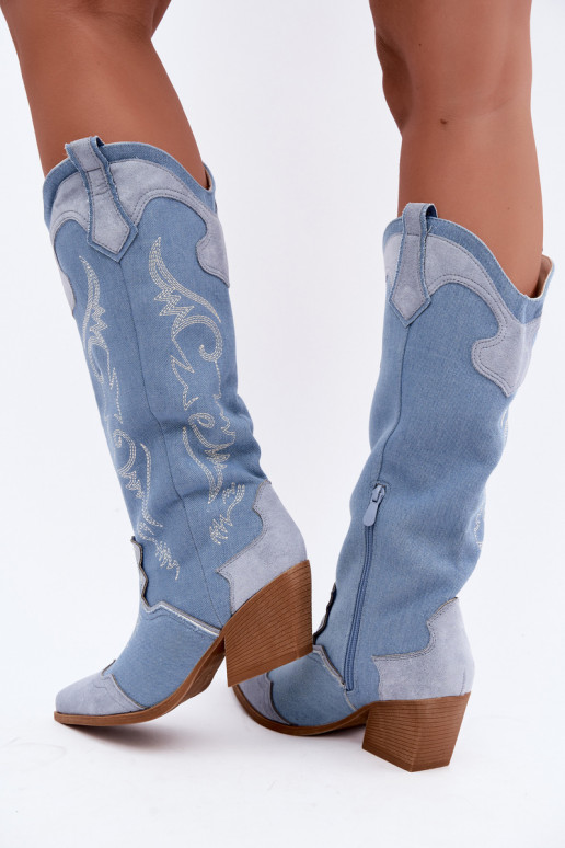 Botas femininas de estilo cowboy acima do joelho com salto em denim Talora