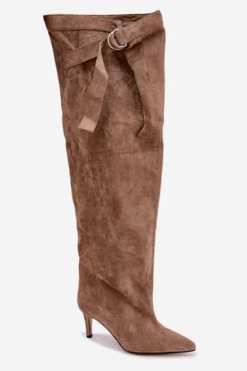 Botas femininas slip-on acima do joelho com salto na cor areia Rosena 2