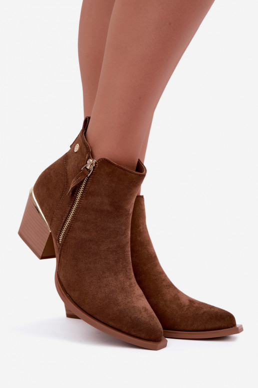 Botins femininos de estilo cowboy com zíper decorativo na cor marrom Jarelia