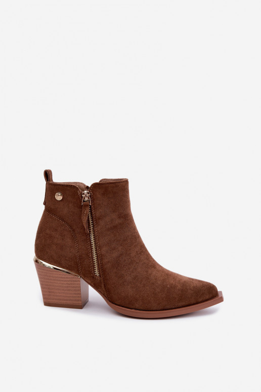 Botins femininos de estilo cowboy com zíper decorativo na cor marrom Jarelia