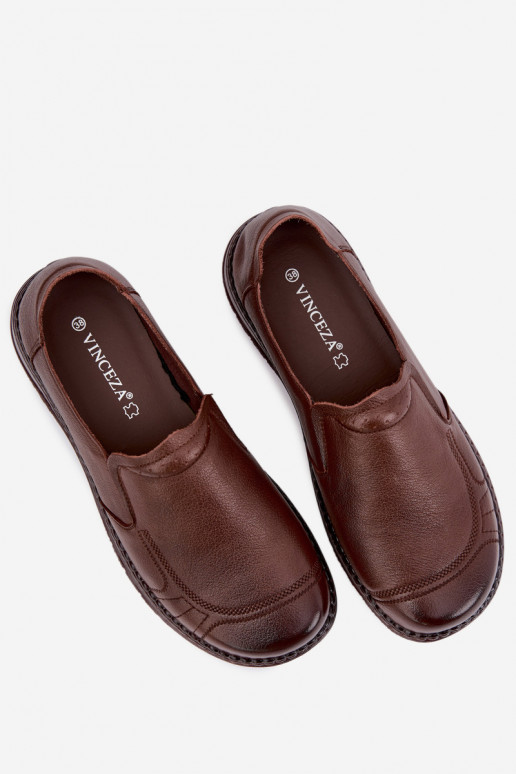 Sapatos femininos de couro slip-on Vinceza 107241 cor marrom