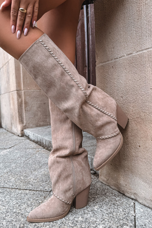 Botas altas femininas de estilo cowboy com salto bloco areia Noeline