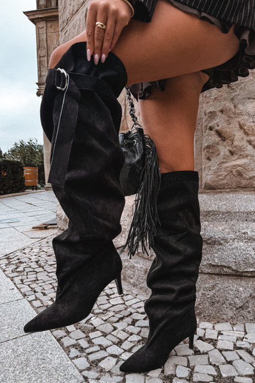 botas altas slip-on femininas com salto na cor preta Rosena
