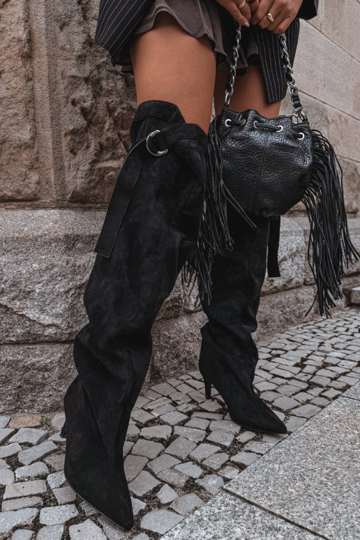 botas altas slip-on femininas com salto na cor preta Rosena