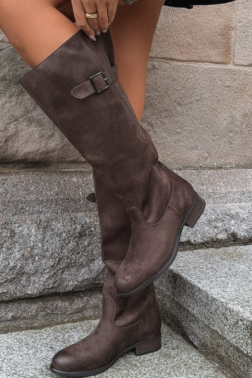 Botas altas femininas com saltos largos e fivelas, marrons Farela
