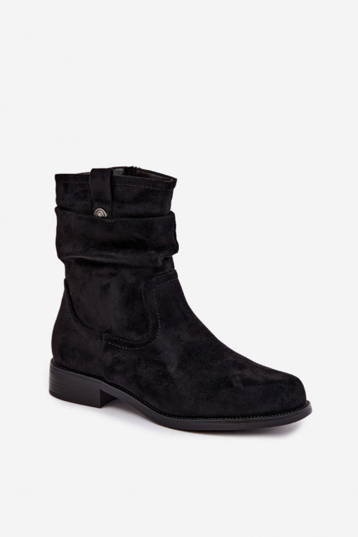 Botins quentes com babados e saltos largos, pretos