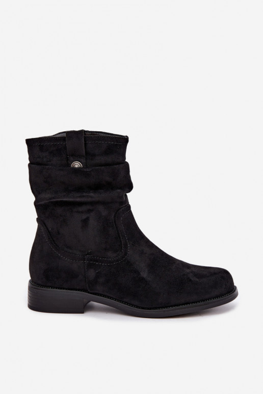 Botins quentes com babados e saltos largos, pretos