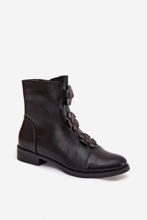 Botins femininos aquecidos com saltos largos e motivos florais na cor preta Pravienne