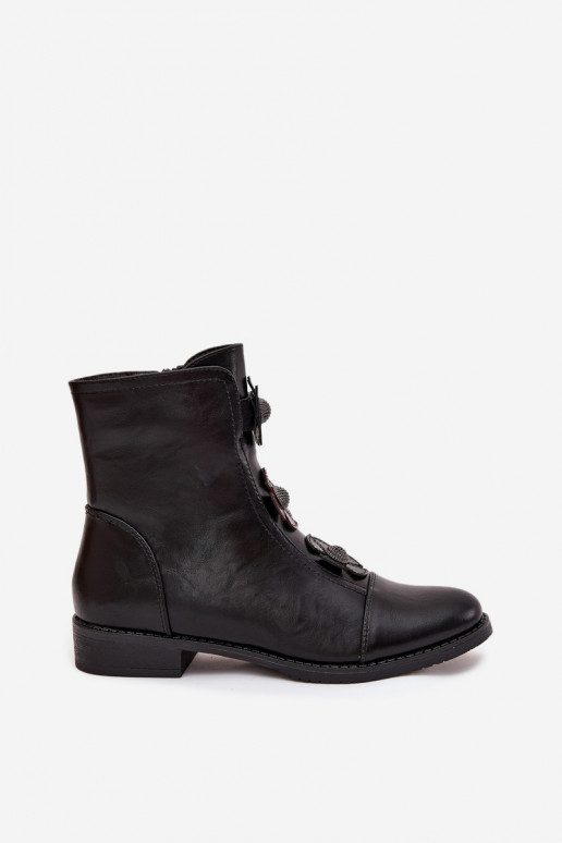 Botins femininos aquecidos com saltos largos e motivos florais na cor preta Pravienne