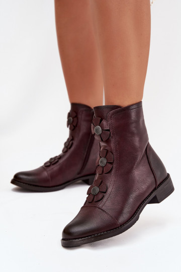 Botins femininos aquecidos com saltos largos e motivos florais na cor bordô Pravienne 2