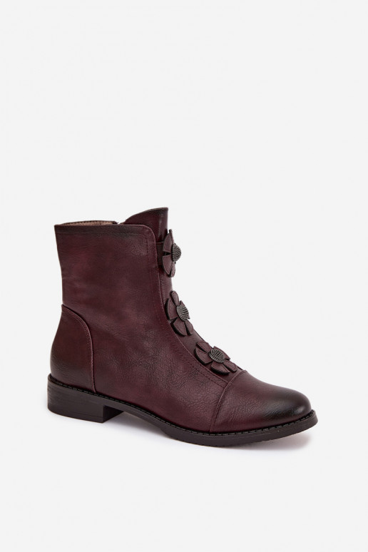 Botins femininos aquecidos com saltos largos e motivos florais na cor bordô Pravienne