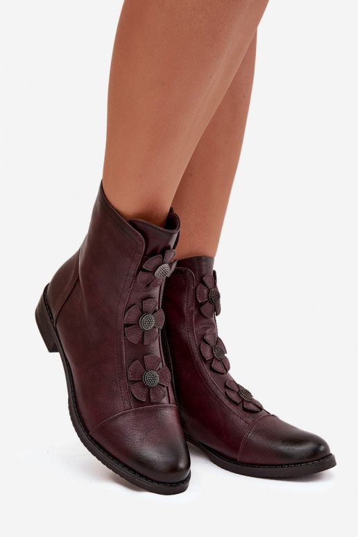 Botins femininos aquecidos com saltos largos e motivos florais na cor bordô Pravienne