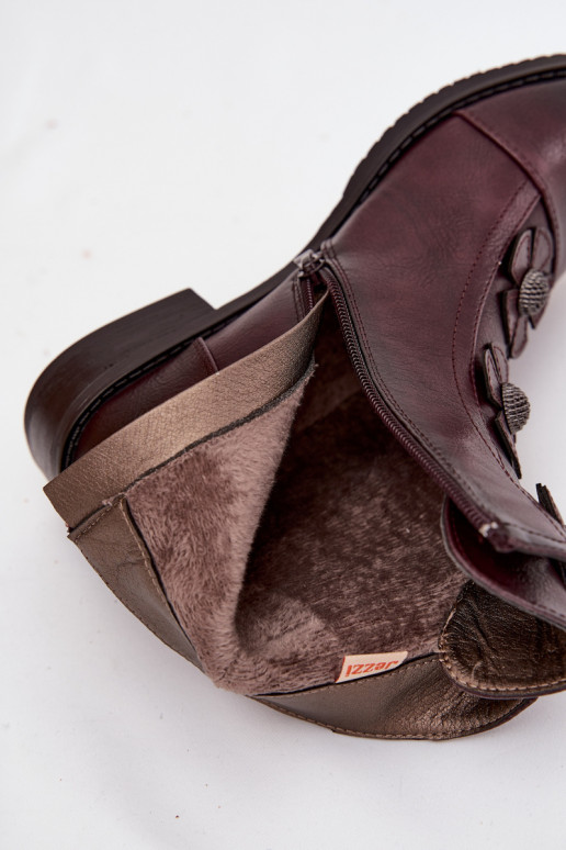 Botins femininos aquecidos com saltos largos e motivos florais na cor bordô Pravienne