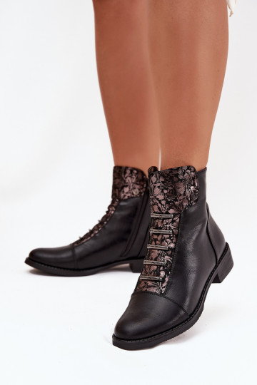 aquecimento Botas femininas com salto largo com motivos florais cor preta Labise 2
