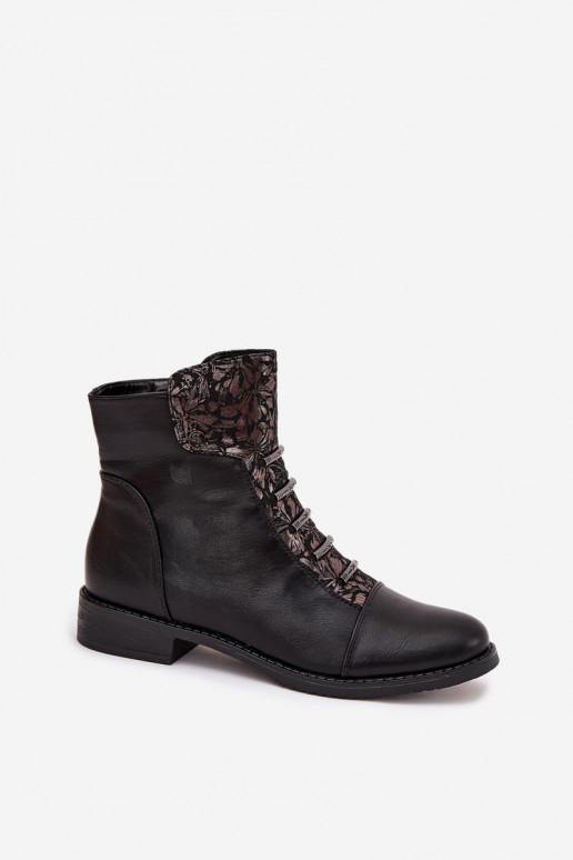 Botins femininos aquecidos com saltos largos e motivos florais na cor preta Labise