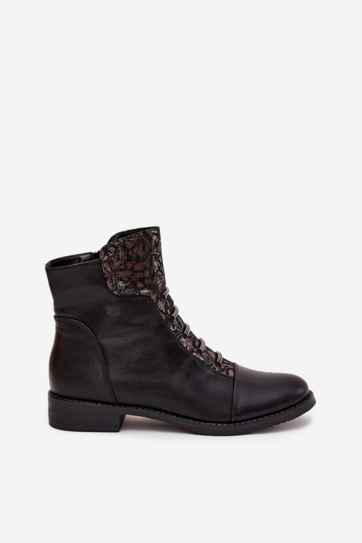 Botins femininos aquecidos com saltos largos e motivos florais na cor preta Labise