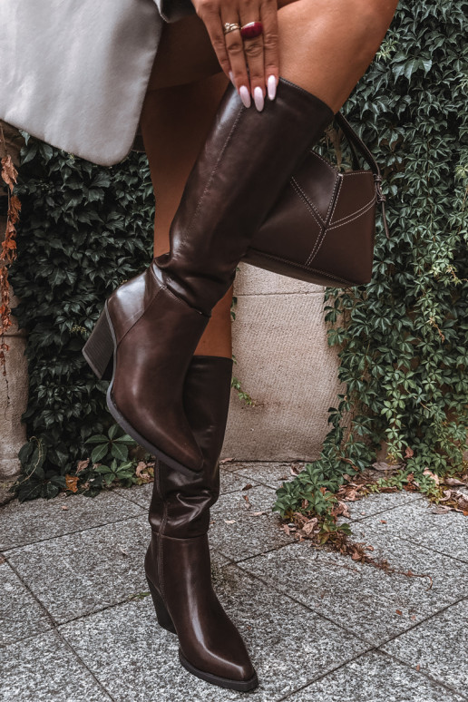 botas altas femininas com salto isolado cor caramelo Katelle