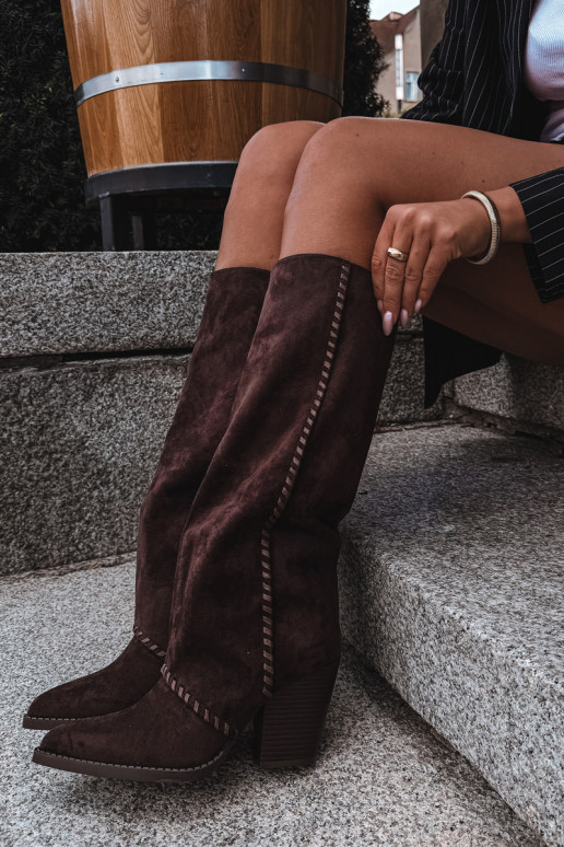 Botas altas femininas de estilo cowboy com salto bloco chocolate Noeline