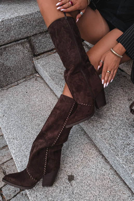 Botas altas femininas de estilo cowboy com salto bloco chocolate Noeline