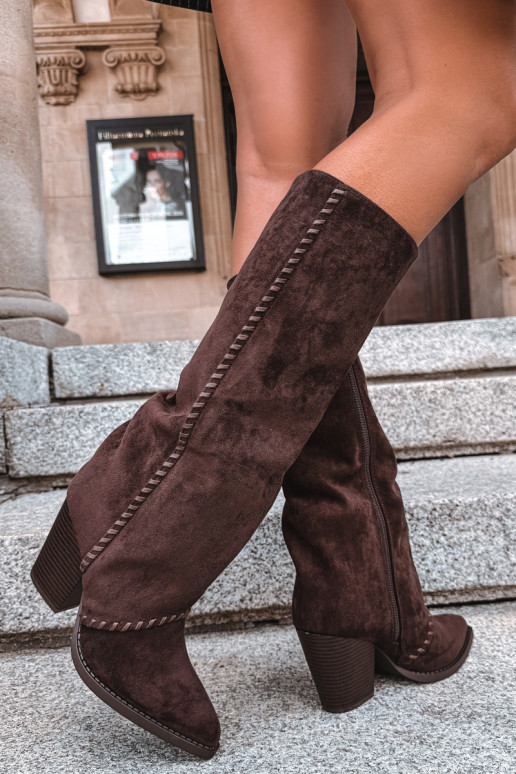 Botas altas femininas de estilo cowboy com salto bloco chocolate Noeline