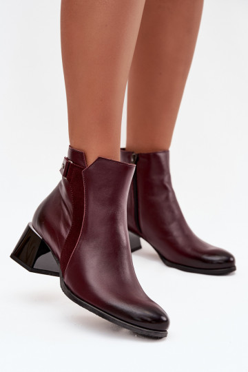 Botins de couro femininos com salto na cor bordô Zazoo 60563