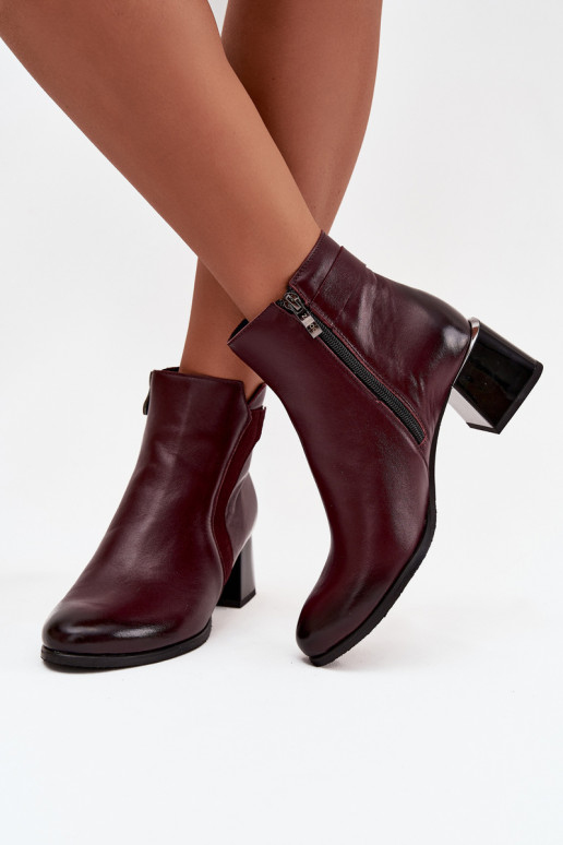 Botins de couro femininos com salto na cor bordô Zazoo 60563