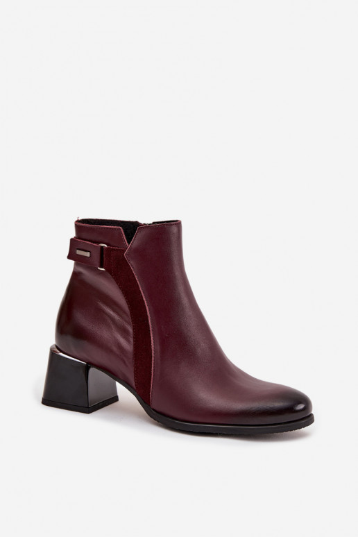Botins de couro femininos com salto na cor bordô Zazoo 60563