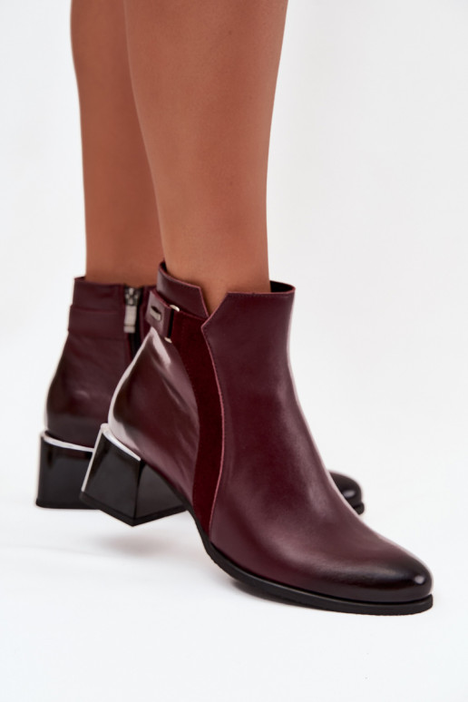 Botins de couro femininos com salto na cor bordô Zazoo 60563