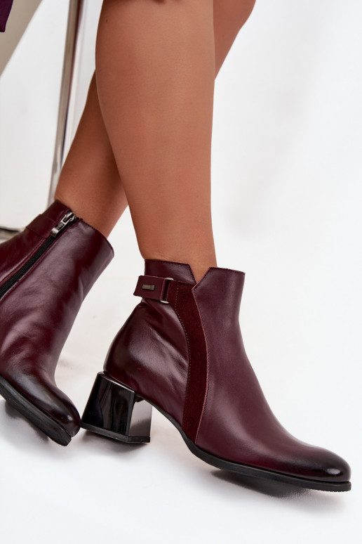 Botins de couro femininos com salto na cor bordô Zazoo 60563